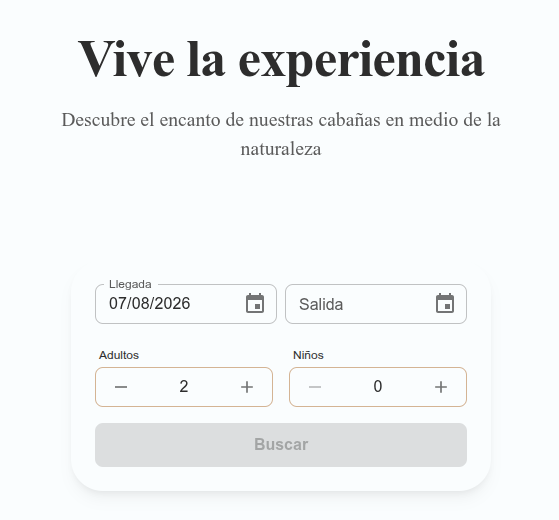 Pantalla de reservación de Roca Venados: selección de fechas, número de personas y unidades disponibles con su tarifa.